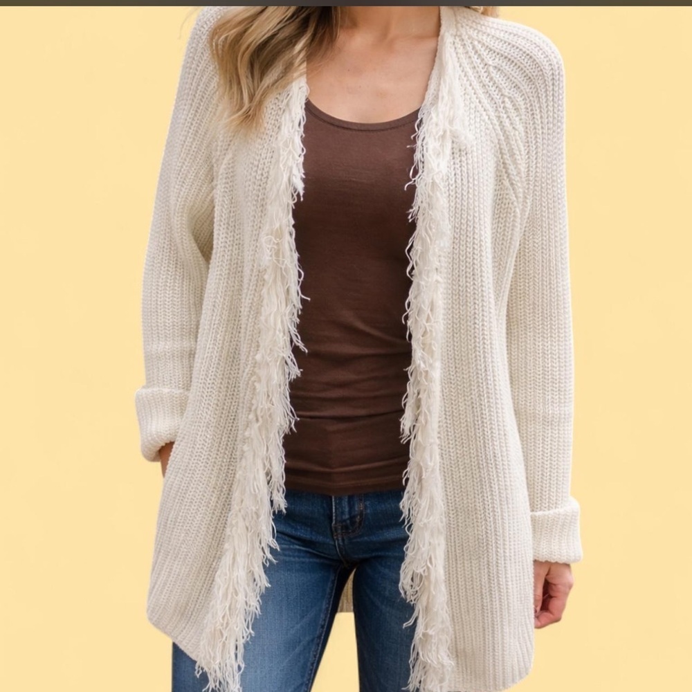 Women’s Ivory Chunky Knit Fringe Open Front Cardigan Sweater Size Small